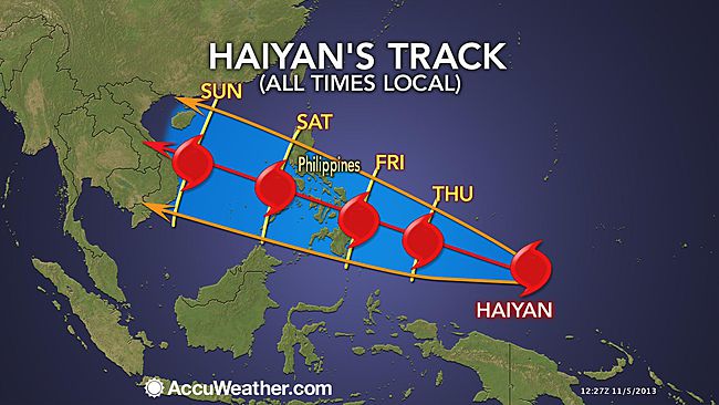 Bản đồ đường đi của siêu bão Haiyan.